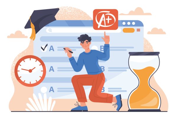 Man with online test concept. Distance education and training, learning. Student completes assignments on exam. Knowledge and information. Talented schooler. Cartoon flat vector illustration